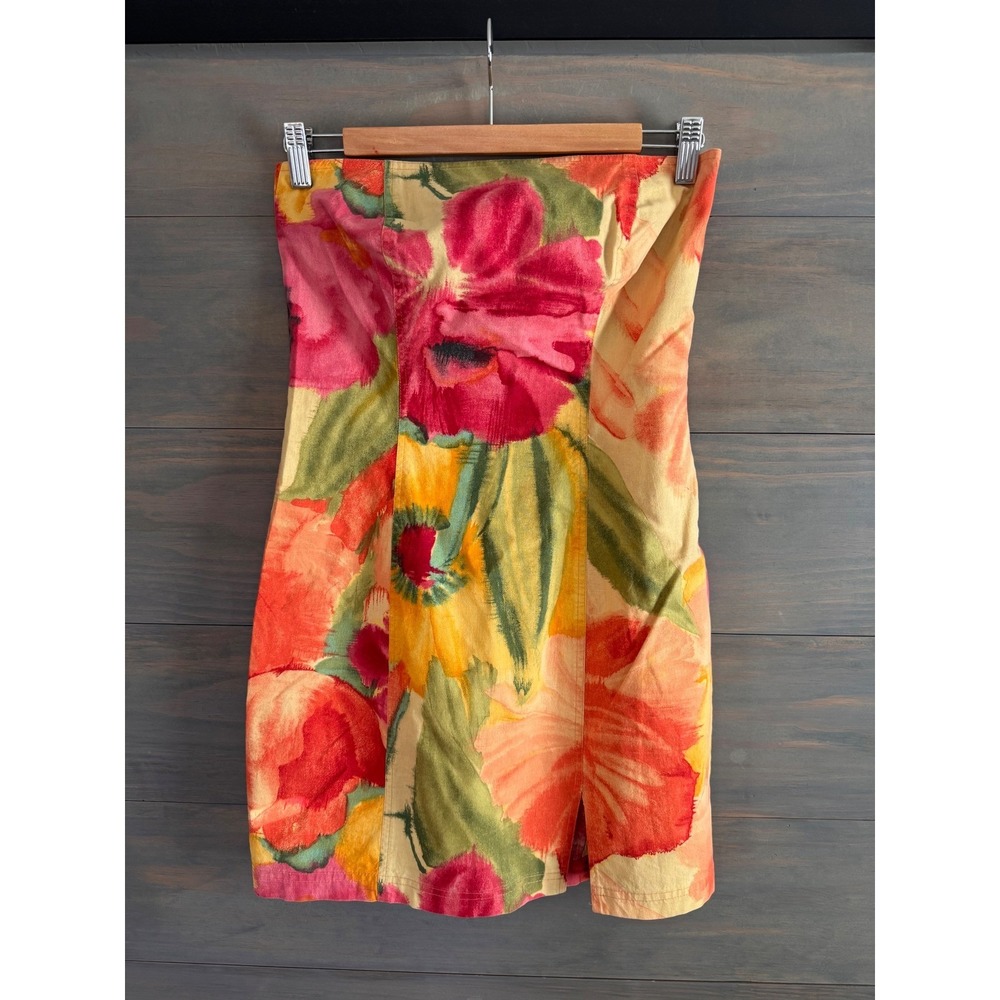 Vintage J. Harris Floral Strapless Mini Dress Cotton Red Orange Yellow Size 4